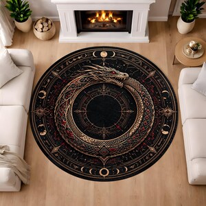 Svartguld Ouroboros ormrund matta, gotisk himmelsk ormcirkelmatta