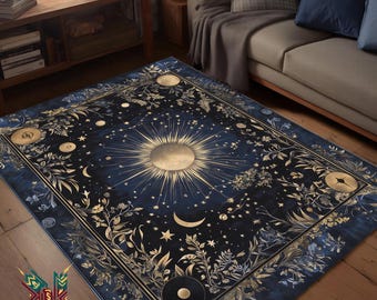 May include: A rectangular area rug with a celestial design. The rug features a dark blue background with a large gold sunburst in the center, surrounded by stars, moons, and floral patterns. The border is a darker blue with gold accents.