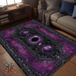 May include: A rectangular area rug with a dark purple and black design. The rug features a central panel with large, circular and oval shapes, surrounded by a decorative border. The color scheme includes shades of purple, black, and gray.