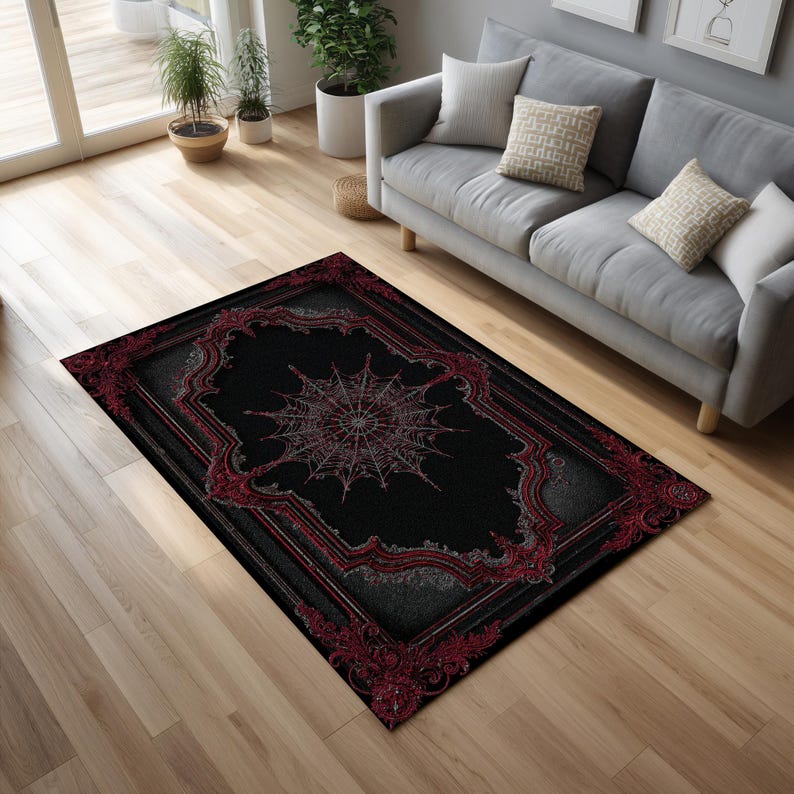 Red Gothic Spiderweb Rug – Dark Victorian Carpet for Haunted, Witchy ...