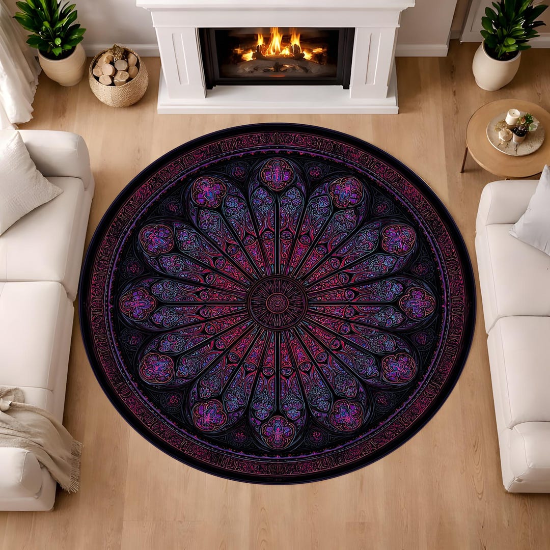 Stained Glass Rug Design Stained Glass Rosette Round Rug Purple Black Ornamental Carpet - Etsy