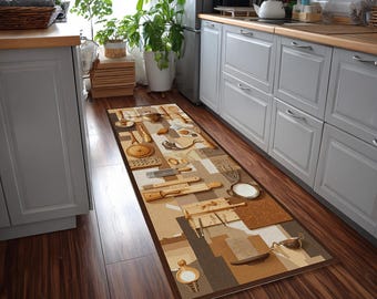 Alfombra de cocina de panadería: antideslizante, lavable, con estampado rústico de pan y rodillo, de espuma antifatiga.