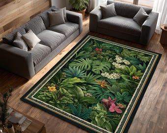 Green Tropical Area Rug Lush Floral Leaf Design
