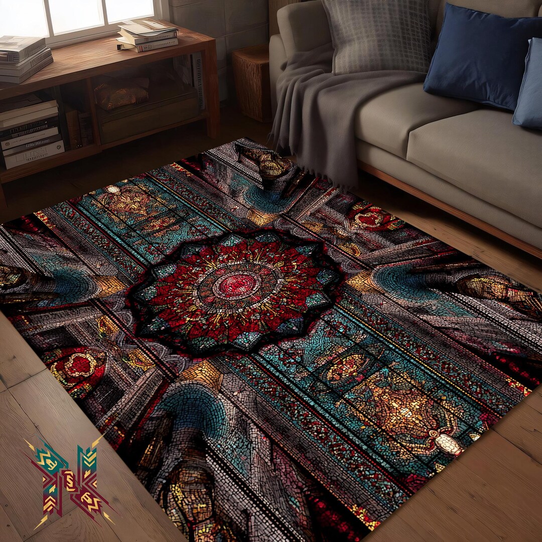 Cathedral Rug Stained Glass Cathedral Rug – Sacred Geometry Floor Art – Gothic Mosaic ...