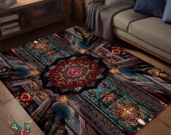 Glasmalerei-Kattrin-Teppich - Bodenkunst der Heiligen Geometrie - Gothic-Mosaik-inspirierter Teppich