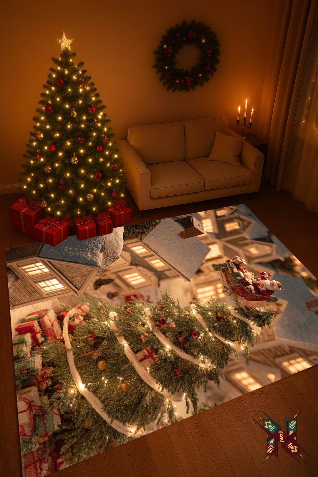 Santa Sleigh Christmas Village Area Rug With Tree and Gift Design ...