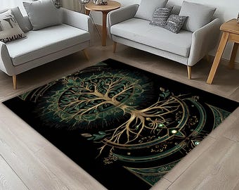 Emerald and Gold Tree of Life Rug – Mystical Boho Living  Room Area Carpet