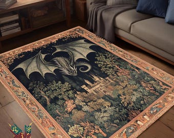 Dragon Tapestry Area Rug – Medieval Castle and Forest Design, Mythical Fantasy Floor Mat for Living Room or Game Room
