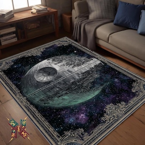 May include: A rectangular area rug featuring a detailed illustration of a Death Star against a backdrop of a nebula. The rug has a decorative border with ornate detailing. The color palette includes shades of gray, teal, purple, and black.