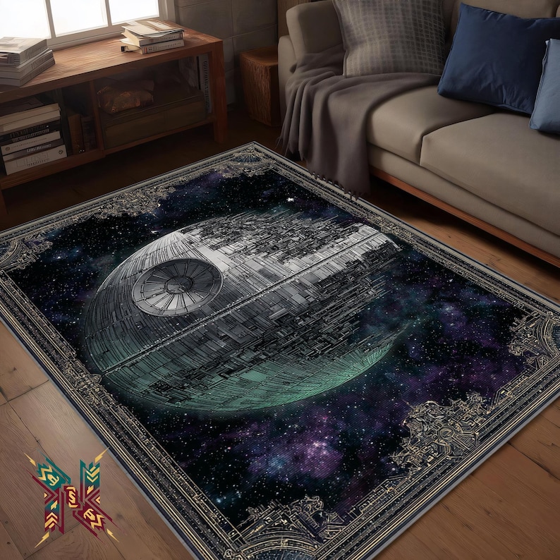 May include: A rectangular area rug featuring a detailed illustration of a Death Star against a backdrop of a nebula. The rug has a decorative border with ornate detailing. The color palette includes shades of gray, teal, purple, and black.