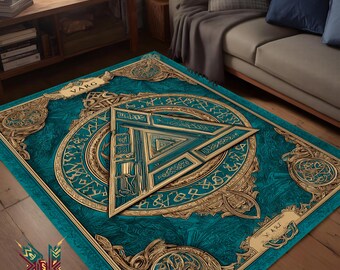 Nordic Viking Symbol Area Rug with Teal and Gold Runes for Mythic Home Decor