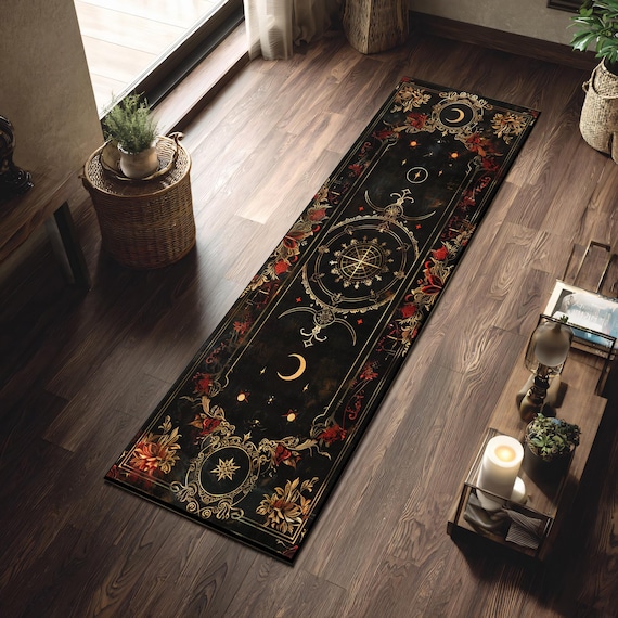 Occult Floral Moon Phase Runner Rug – Gothic Celestial Hallway Decor with Red Rose Accents