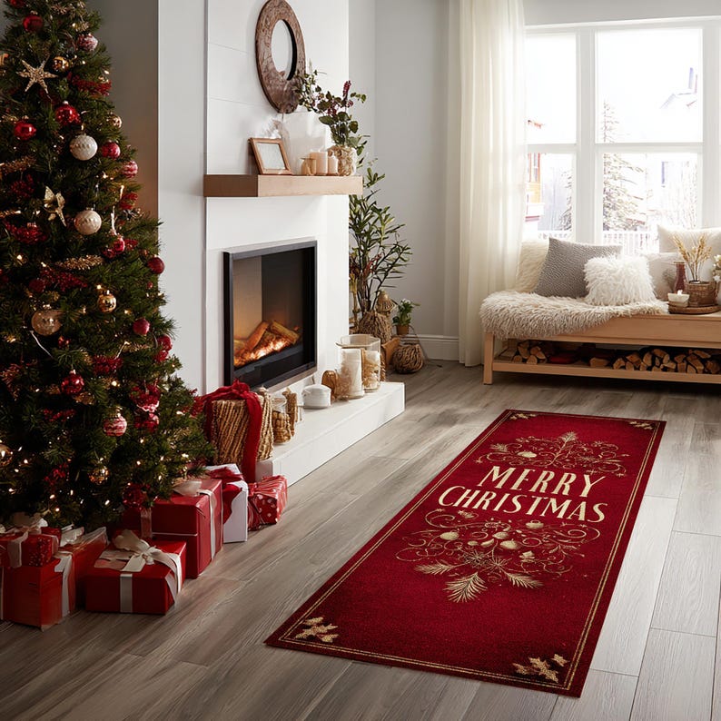 Op de afbeelding: Een feestelijke kerstsc&egrave;ne met een versierde boom, een open haard en een rood tapijt. Op het tapijt staat "MERRY CHRISTMAS" in gouden letters. Cadeaus liggen onder de boom en de kamer is versierd voor de feestdagen.