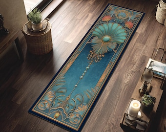 Art Deco Blue Gold Hallway Runner Rug Elegant Corridor Floor Carpet