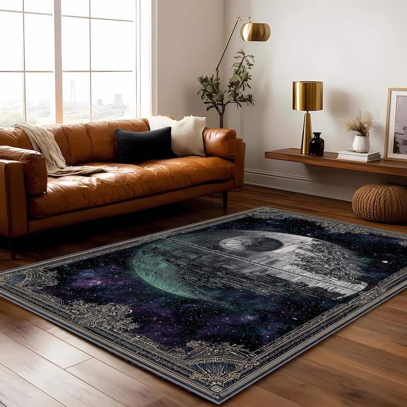 May include: Rectangular area rug featuring a detailed image of the Death Star from Star Wars set against a cosmic background of purple, blue, and green hues. The rug has a decorative border with gold accents, suitable for a living room.