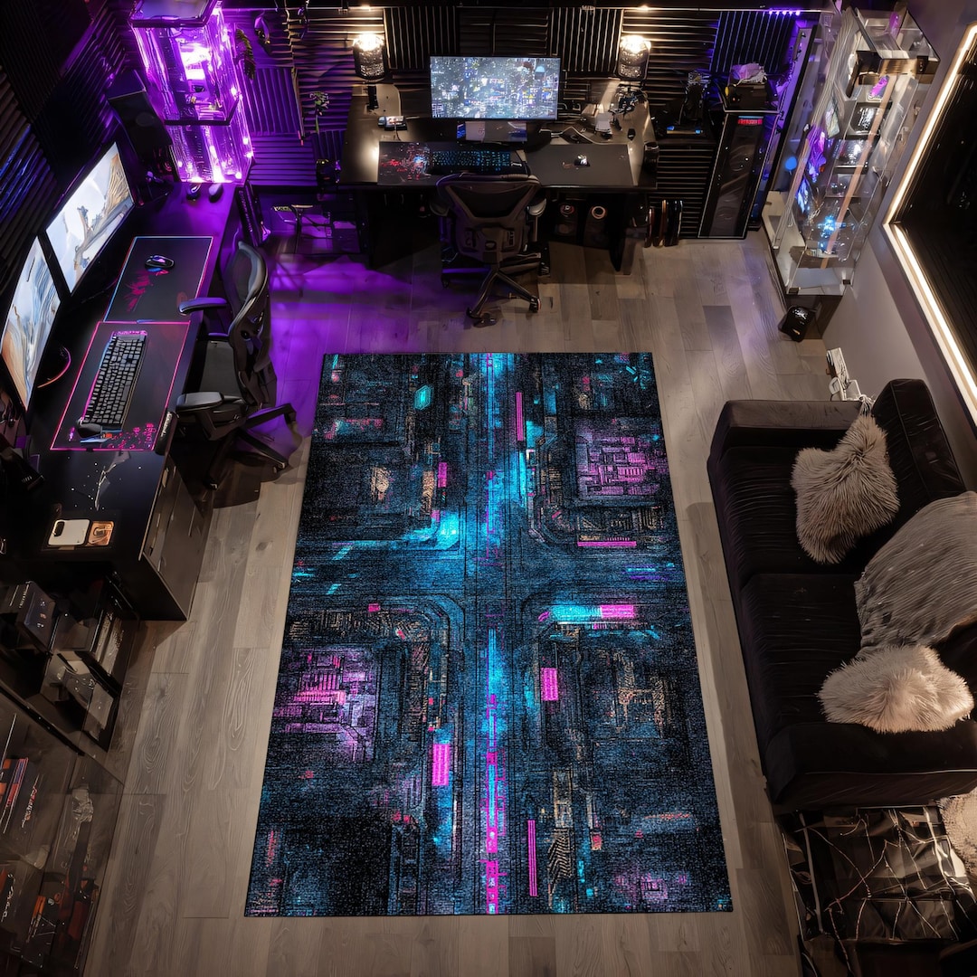 Cyber Rug Cyberpunk Gaming Room Rug Neon Circuit Tech Floor Carpet - Etsy