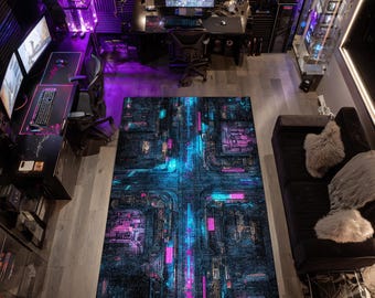 Cyberpunk Gaming Room Rug Neon Circuit Tech Floor Carpet