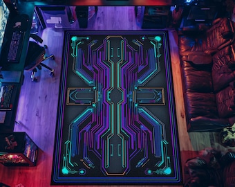 Cyberpunk Neon Circuit Rug Futuristic Gaming Room Tech Carpet