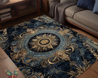 Luxury Blue and Gold Baroque Area Rug – Ornate Medallion Carpet for Modern Living Room