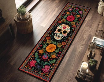 Floral Skull Hallway Runner Rug Gothic Folk Art Corridor Carpet