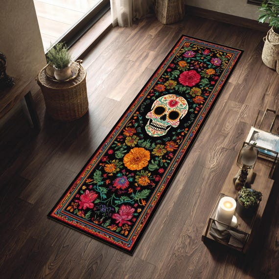 Floral Skull Hallway Runner Rug Gothic Folk Art Corridor Carpet