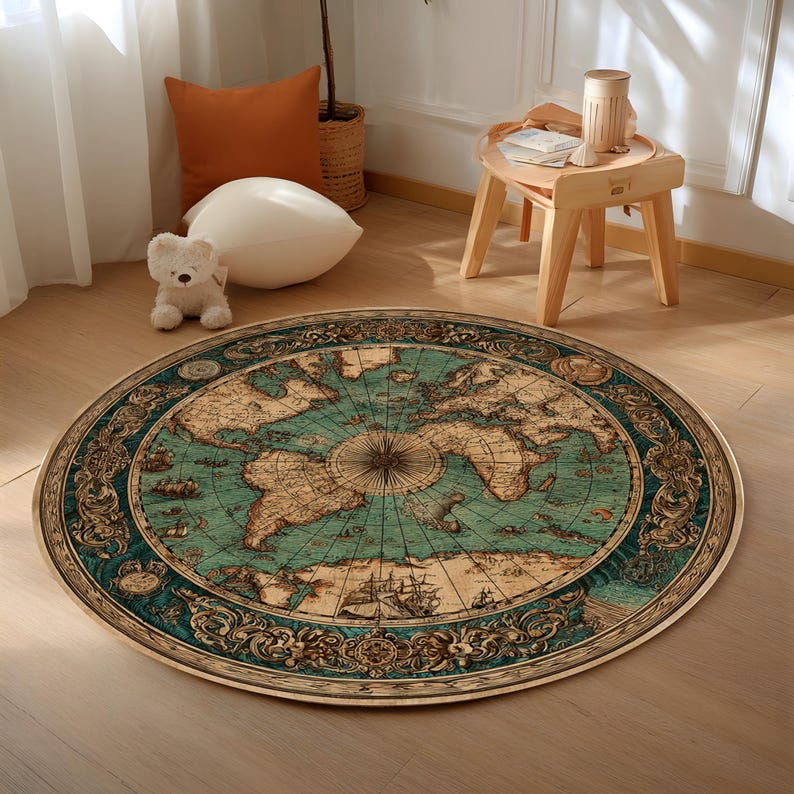 May include: A round area rug featuring a vintage world map design. The rug has a teal and beige color scheme with intricate details of continents, oceans, and sailing ships. The rug is placed on a wooden floor.