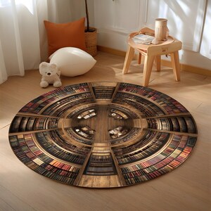 May include: Round area rug with a library design. The rug features a detailed illustration of bookshelves arranged in a circular pattern, with a central wooden floor area. The color palette includes browns, reds, and greens.