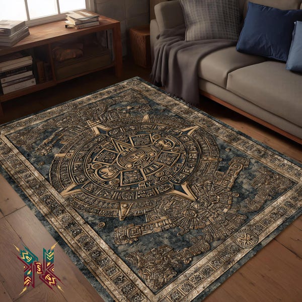 Aztec Calendar Stone Carved Style Area Rug Ancient Symbol Design