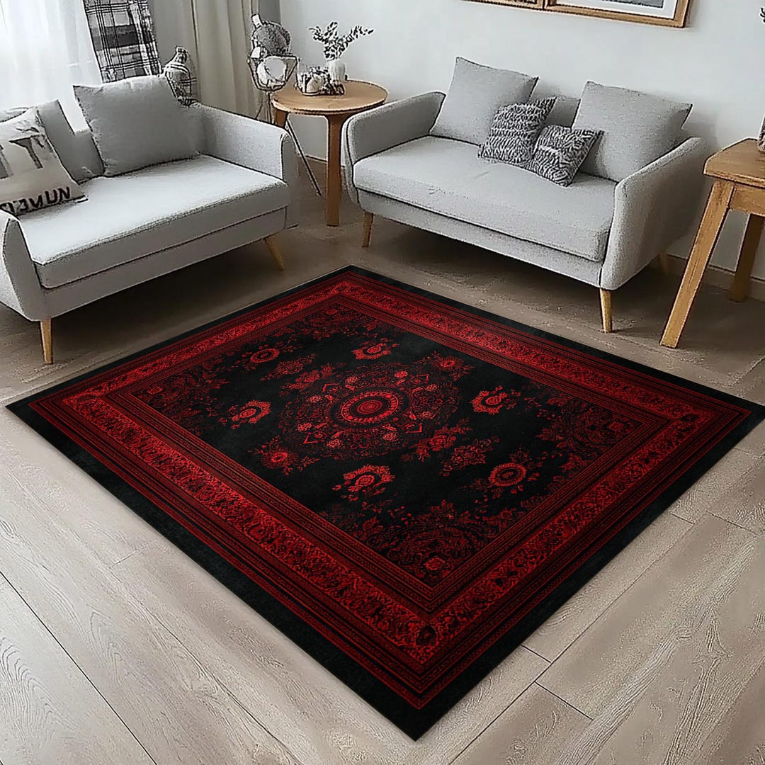 Minimalist Red and Black Rug – Monochrome Floral Medallion Carpet for ...