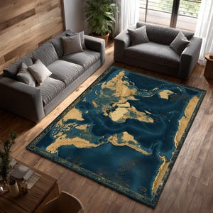 Luxury World Map Area Rug Navy Gold Metallic Style Modern Travel Decor