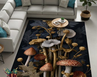 Botanical Mushroom Rug – Dark Forestcore Area Carpet with Golden Fungi Illustration