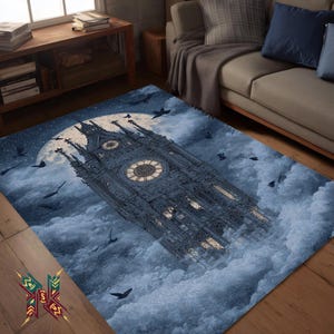 May include: A rectangular area rug featuring a gothic cathedral design with a large clock face, set against a backdrop of clouds and a full moon. Dark birds are scattered throughout the scene. The rug is primarily blue and gray.