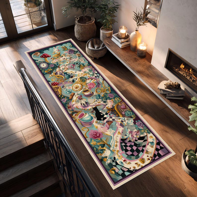 May include: A long, rectangular rug with a whimsical Alice in Wonderland design. The rug features a light blue background with illustrations of clocks, teacups, and characters from the story. The border is a dark purple, and the rug is placed on a wooden floor.