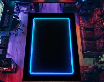 Blue Neon Gaming Area Rug LED Border Gamer Room Floor Carpet