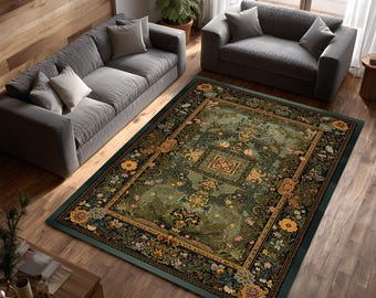 Green Botanical Vintage Area Rug Floral Nature Pattern