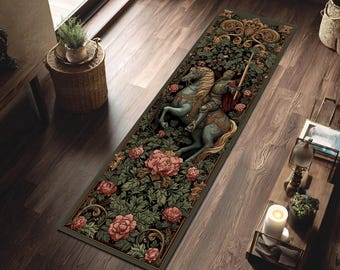 Medieval Knight Runner Rug Vintage Tapestry Floral Hallway Floor Decor