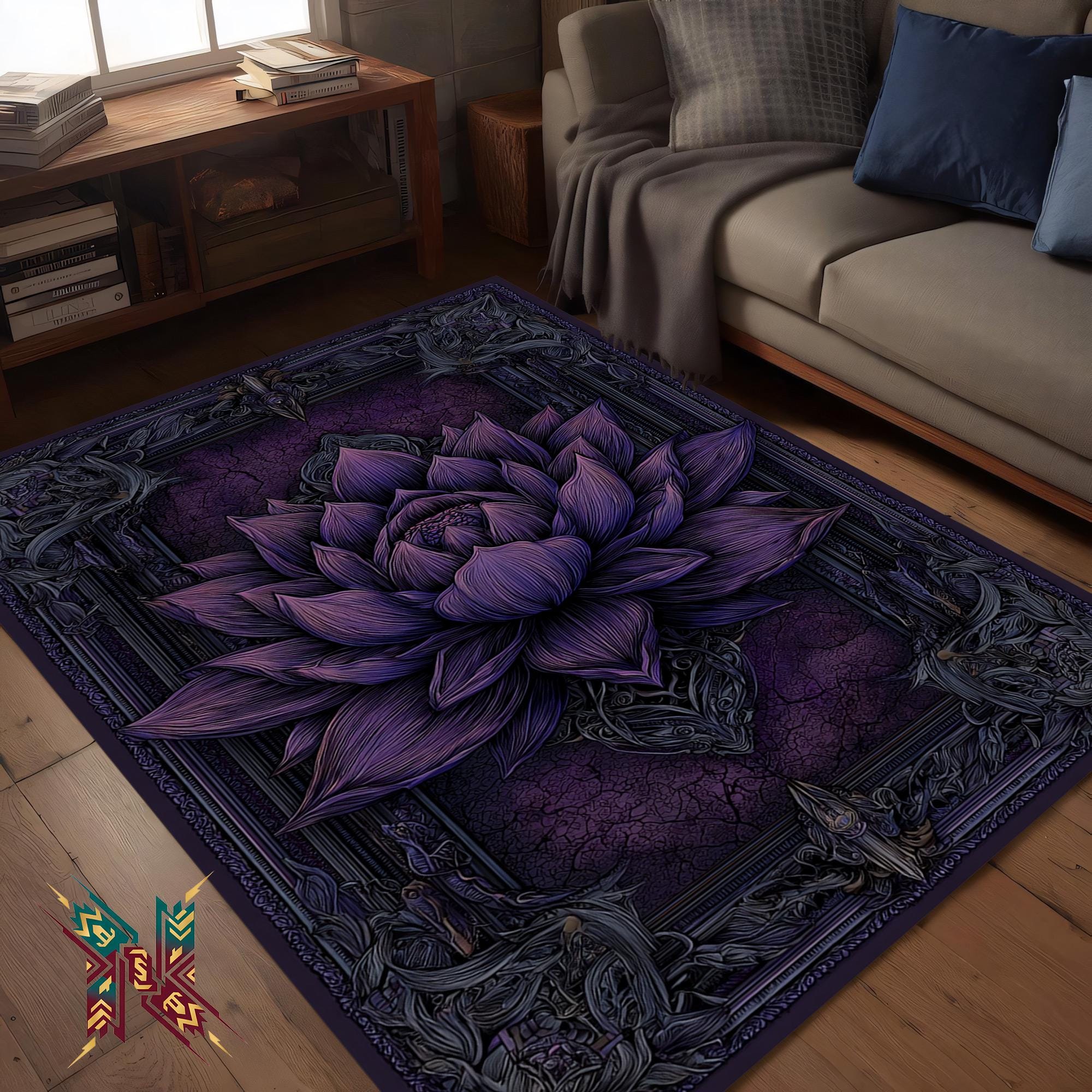 Gothic Purple Lotus Area Rug – Dark Floral Art for Living Room or