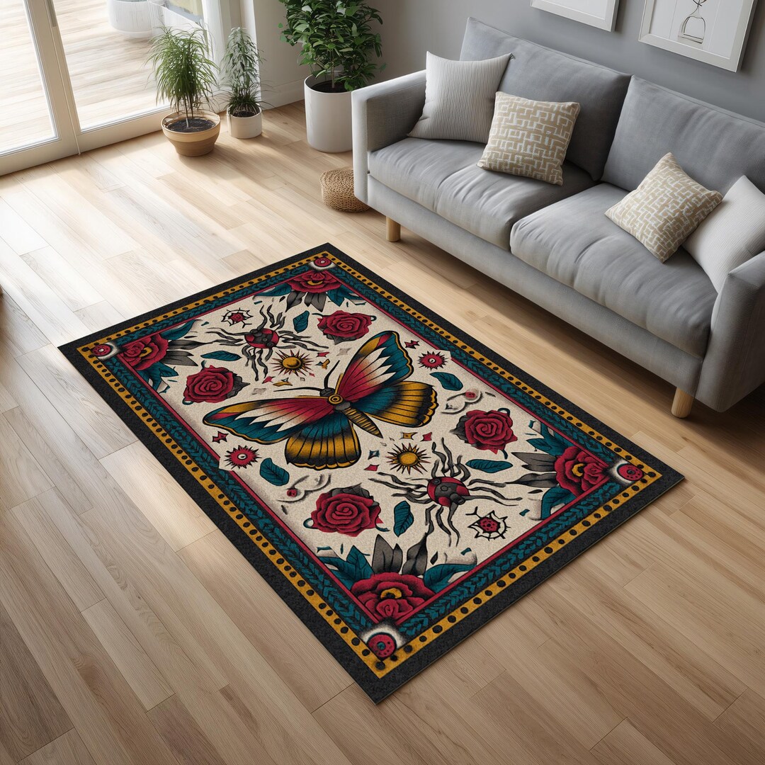 Butterfly Floral Area Rug With Rose Motif Folk Art Design - Etsy