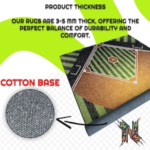 May include: A baseball field-themed rug with a cotton base. The rug is 3-5 mm thick, offering a balance of durability and comfort. The image includes text that reads "Product Thickness" and "Cotton Base".