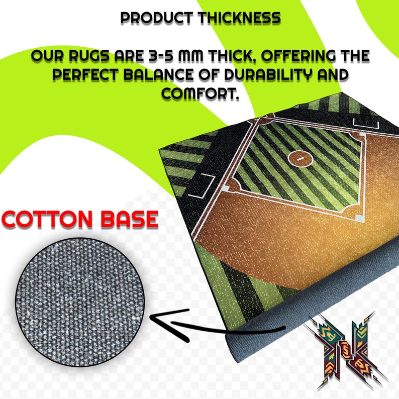 May include: A baseball field-themed rug with a cotton base. The rug is 3-5 mm thick, offering a balance of durability and comfort. The image includes text that reads "Product Thickness" and "Cotton Base".