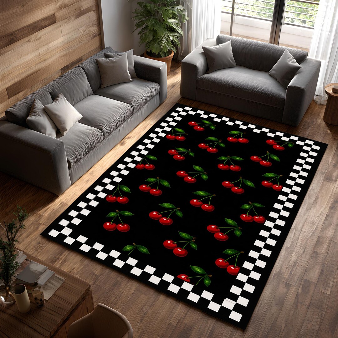 Cherry Pattern Rug,black Checkered Border Carpet,washable Rug - Etsy