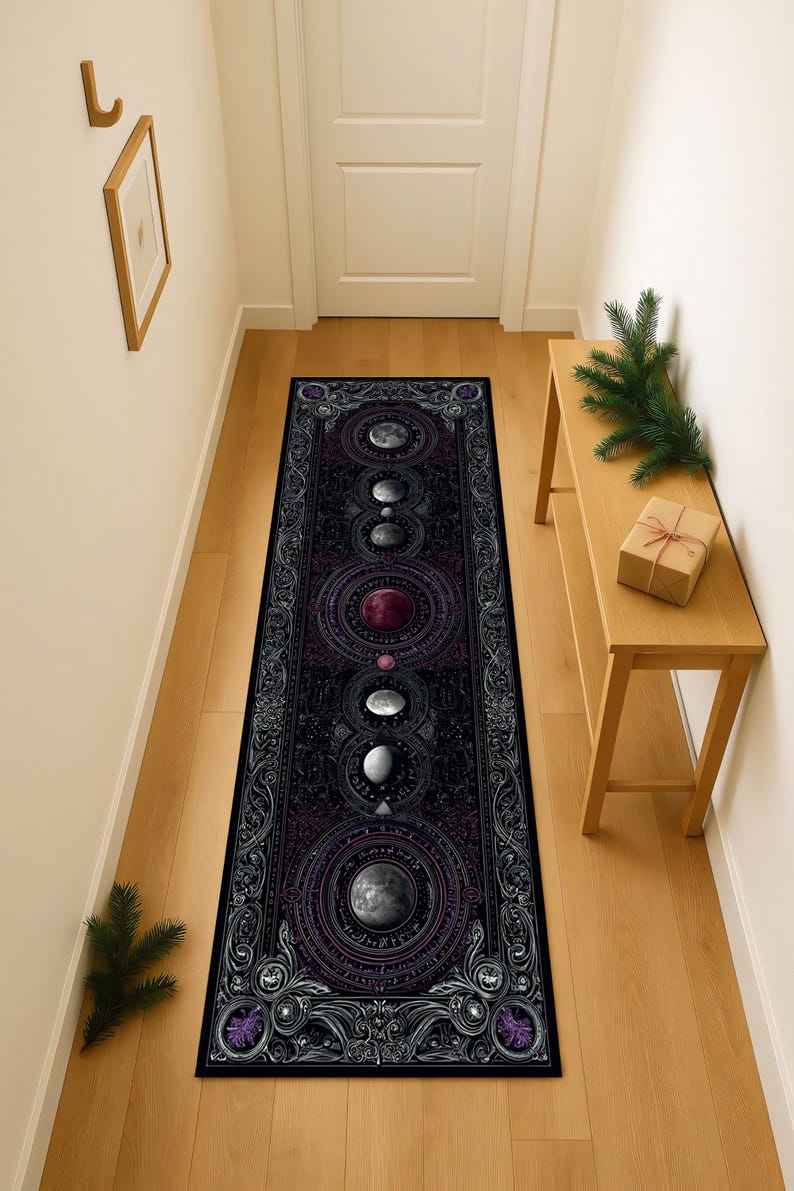 Moon Patterned Rugs Lunar Phases Runner Rug Black Purple Celestial Moon Hallway Carpet - Etsy