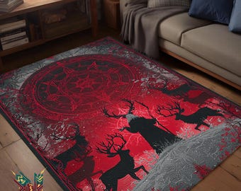 Pagan Yule Ritual Rug – Red Nordic Forest Altar Carpet with Antler Stag Silhouettes