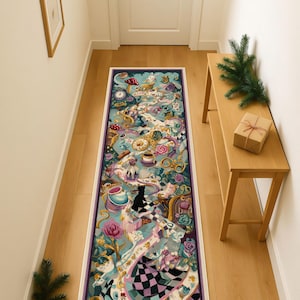 May include: A rectangular Alice in Wonderland-themed rug with a white border. The rug features a whimsical design with clocks, teacups, roses, and characters from the story in shades of blue, pink, and purple. The rug is placed in a hallway.