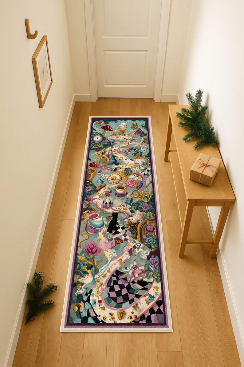 May include: A rectangular Alice in Wonderland-themed rug with a white border. The rug features a whimsical design with clocks, teacups, roses, and characters from the story in shades of blue, pink, and purple. The rug is placed in a hallway.