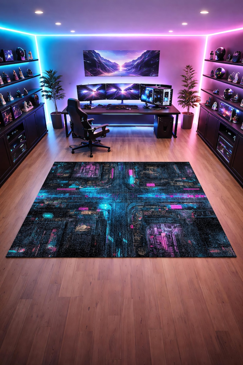 Pcb Rug Cyberpunk Gaming Room Rug Neon Circuit Tech Floor Carpet - Etsy