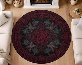 Dark Ornamental Round Rug Gothic Red Black Circular Carpet