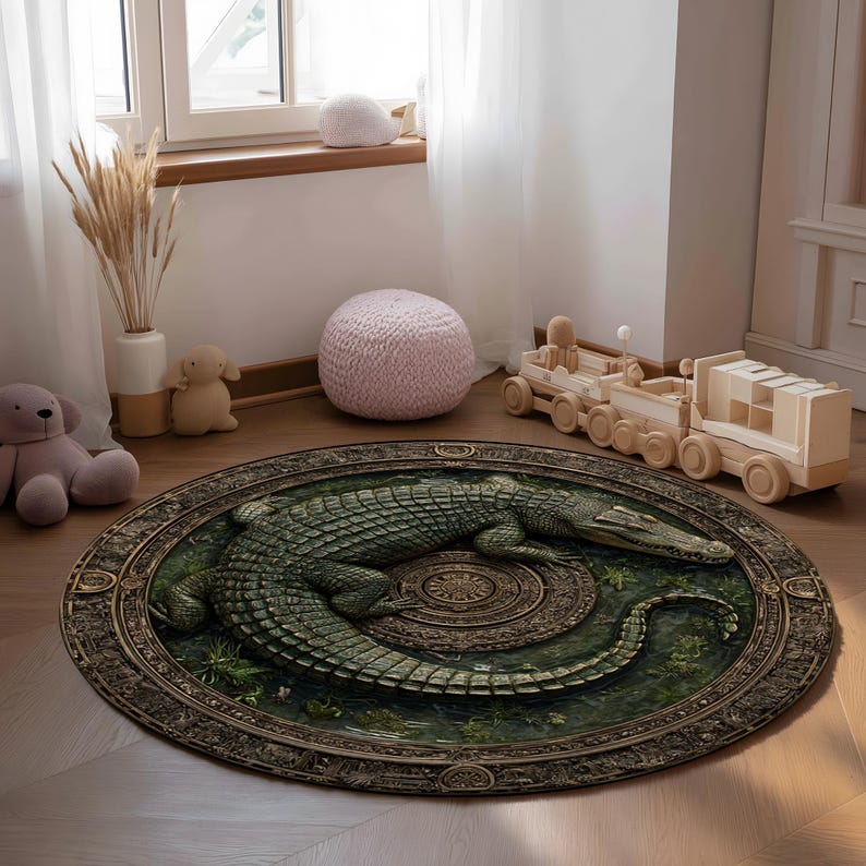 Peut inclure: Un tapis rond repr&eacute;sentant un crocodile vert d&eacute;taill&eacute; sur un fond vert et marron. Le tapis a une bordure orn&eacute;e et est pos&eacute; sur un sol en bois. Ce tapis est un &eacute;l&eacute;ment d&eacute;coratif pour un salon ou une chambre.