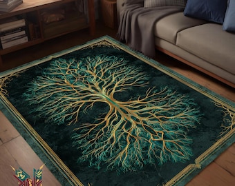 Tree of Life Area Rug – Green Gold Boho Floor Art for Living Room or Meditation Space