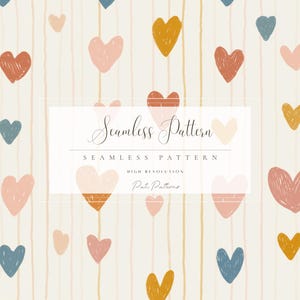 Puede incluir: Un diseño de patrón sin costuras con corazones dibujados a mano en varios colores, incluyendo rosa, naranja y azul, sobre un fondo crema con rayas verticales. El texto "Seamless Pattern" se muestra en una fuente decorativa.
